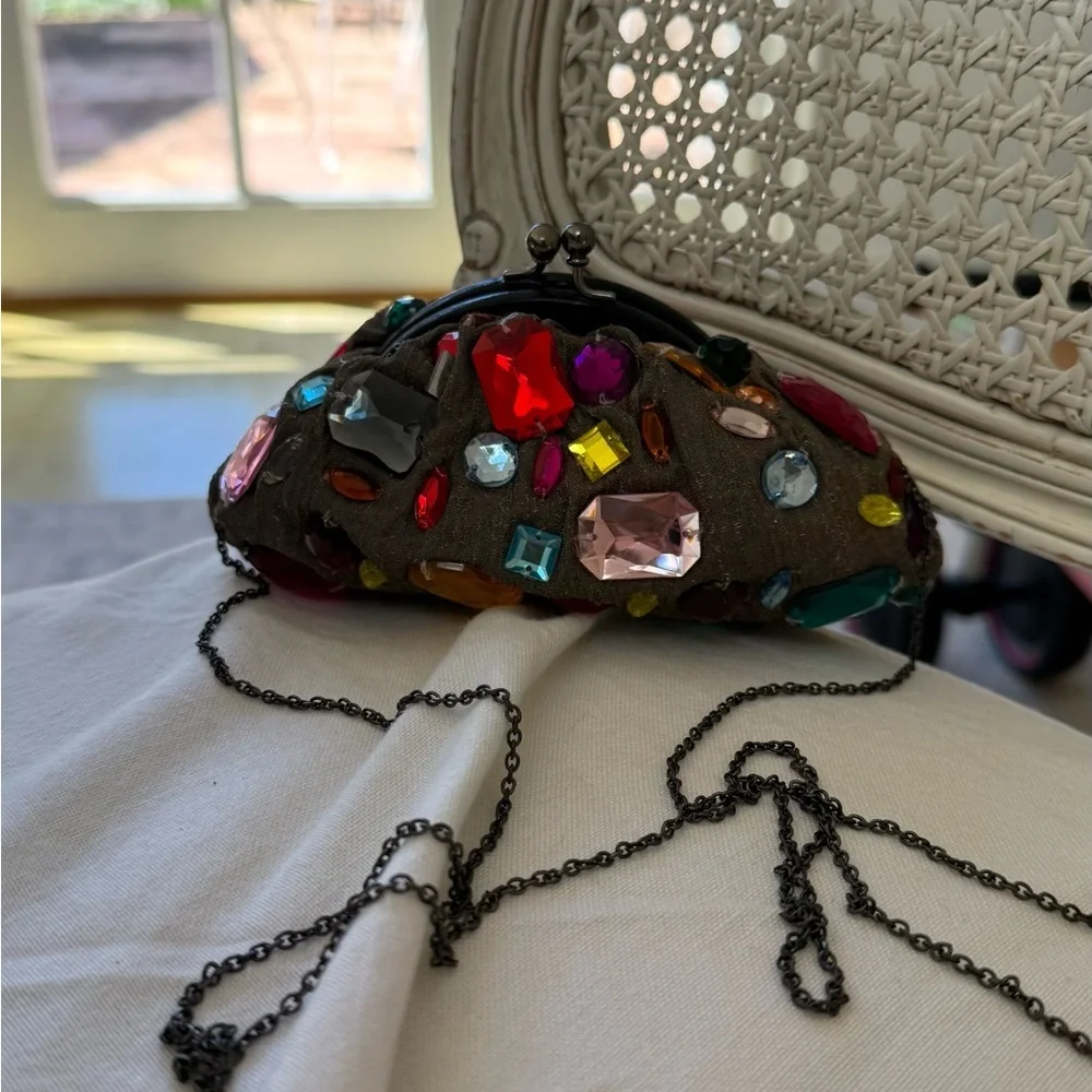 Embellished Dark Brown Jeweled Evening Clutch with Chain